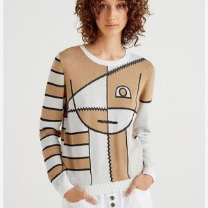 United Colors of Benetton Abstract Patterned Sweater - Tan, White, Black